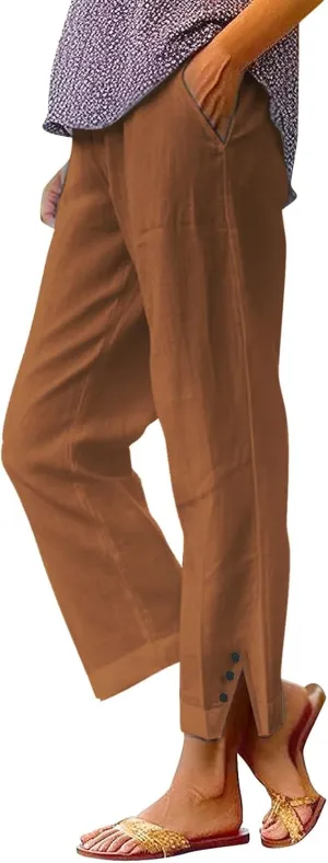 Women Linen Pants Solid Elastic Pants Long Drawstring Linen Women Waist Cotton Casual Slit Trouser Legs Slacks for