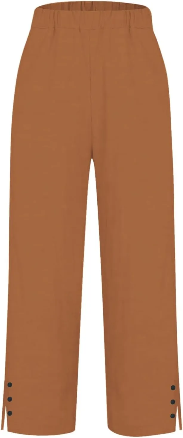 Women Linen Pants Solid Elastic Pants Long Drawstring Linen Women Waist Cotton Casual Slit Trouser Legs Slacks for