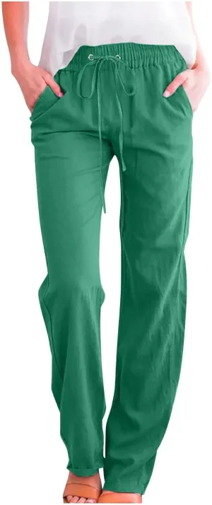 Women Linen Summer Letter Patched Pant Trousers High Waist Stretchy Straight Slim-Fit Palazzo Pants Business Work