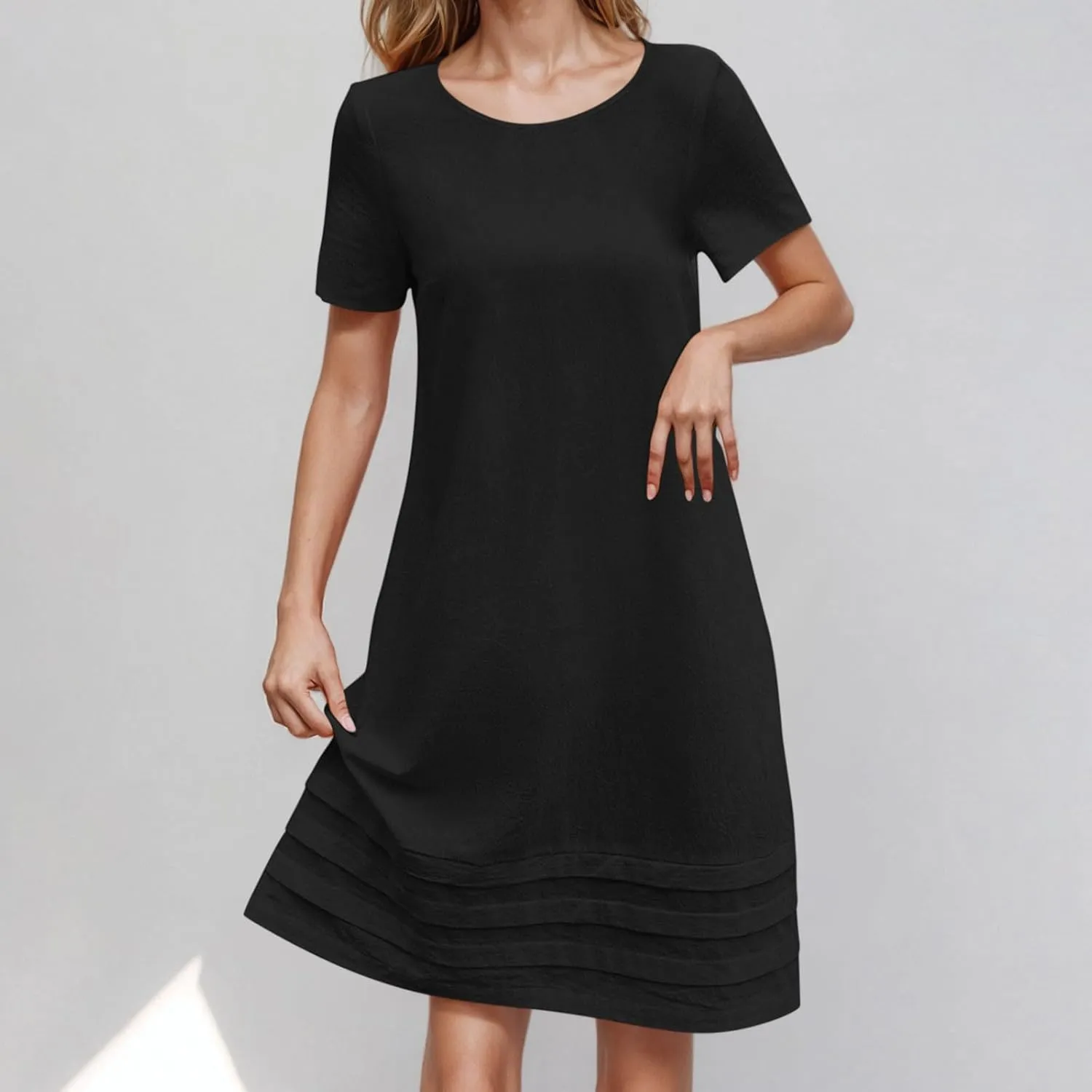 Women Pleated Hem T Shirt Dress Summer Cotton Linen Short Sleeve Crewneck A-Line Dresses Casual Beach Knee Dress