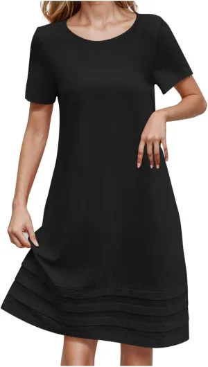Women Pleated Hem T Shirt Dress Summer Cotton Linen Short Sleeve Crewneck A-Line Dresses Casual Beach Knee Dress