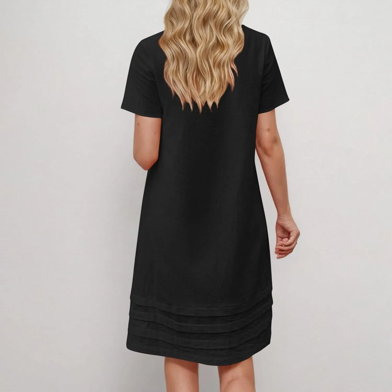 Women Pleated Hem T Shirt Dress Summer Cotton Linen Short Sleeve Crewneck A-Line Dresses Casual Beach Knee Dress