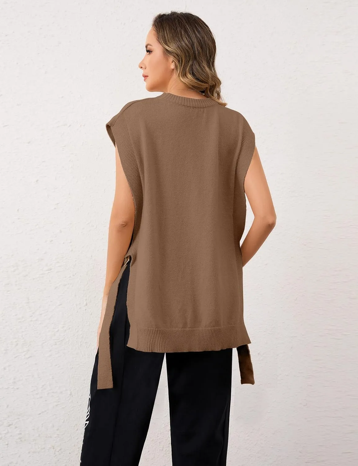 Women Round Neck Sleeveless Pullover Side Tie Sweater Vest Tops High Low Hem Knit Tank Tops Solid Loose Knitwear Vest