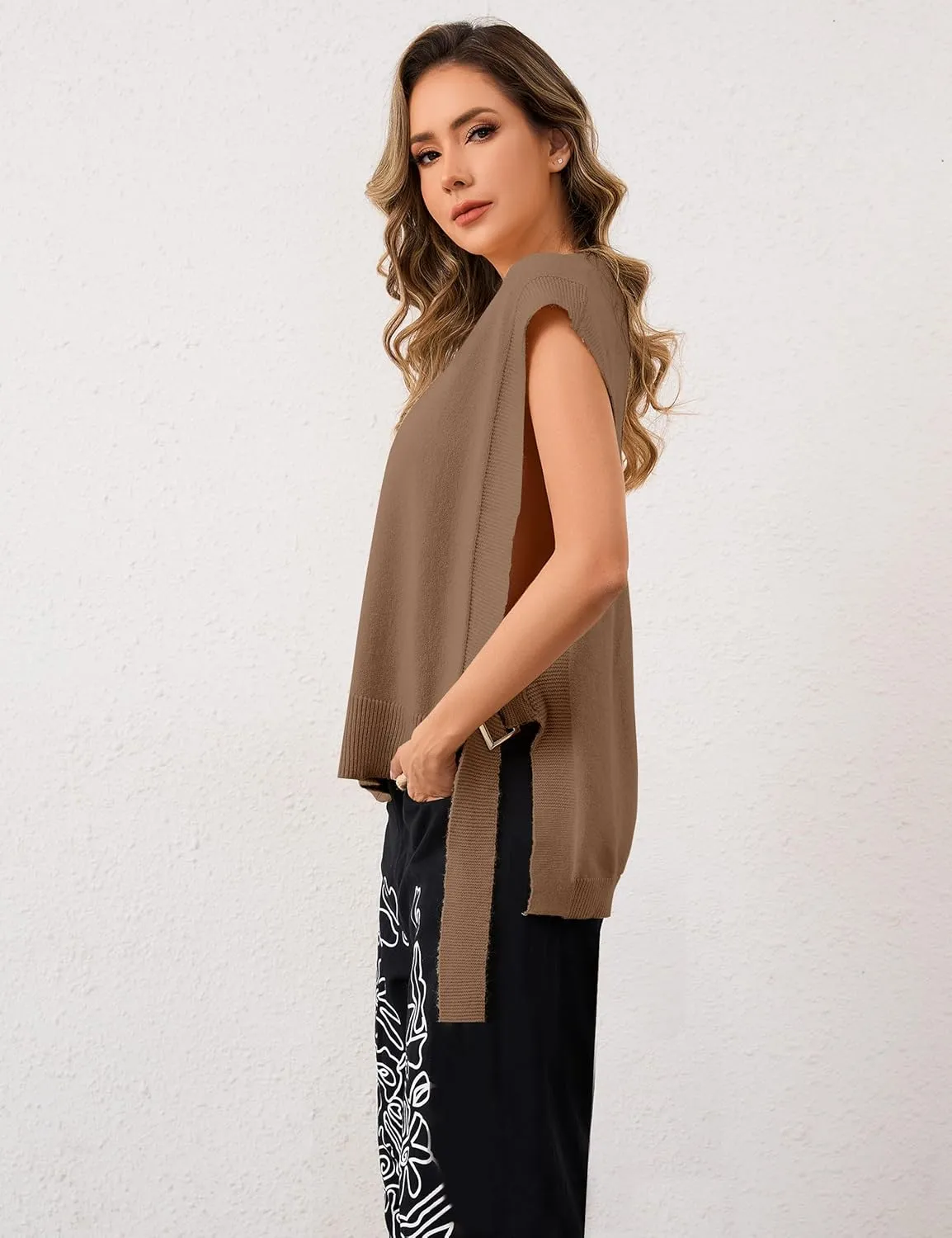 Women Round Neck Sleeveless Pullover Side Tie Sweater Vest Tops High Low Hem Knit Tank Tops Solid Loose Knitwear Vest