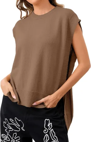 Women Round Neck Sleeveless Pullover Side Tie Sweater Vest Tops High Low Hem Knit Tank Tops Solid Loose Knitwear Vest