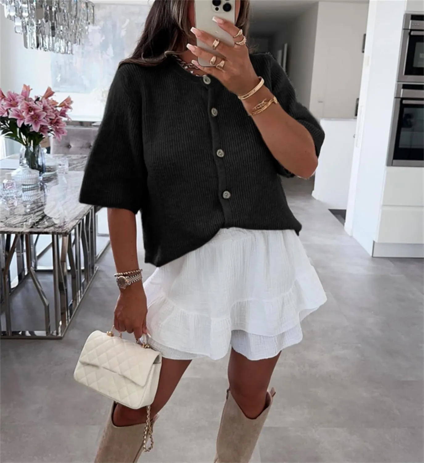 Women Short Sleeve Sweater Cropped Cardigan Button Front Knit Chunky Vest Trendy Y2k Preppy Girl Knitted Top Shirt