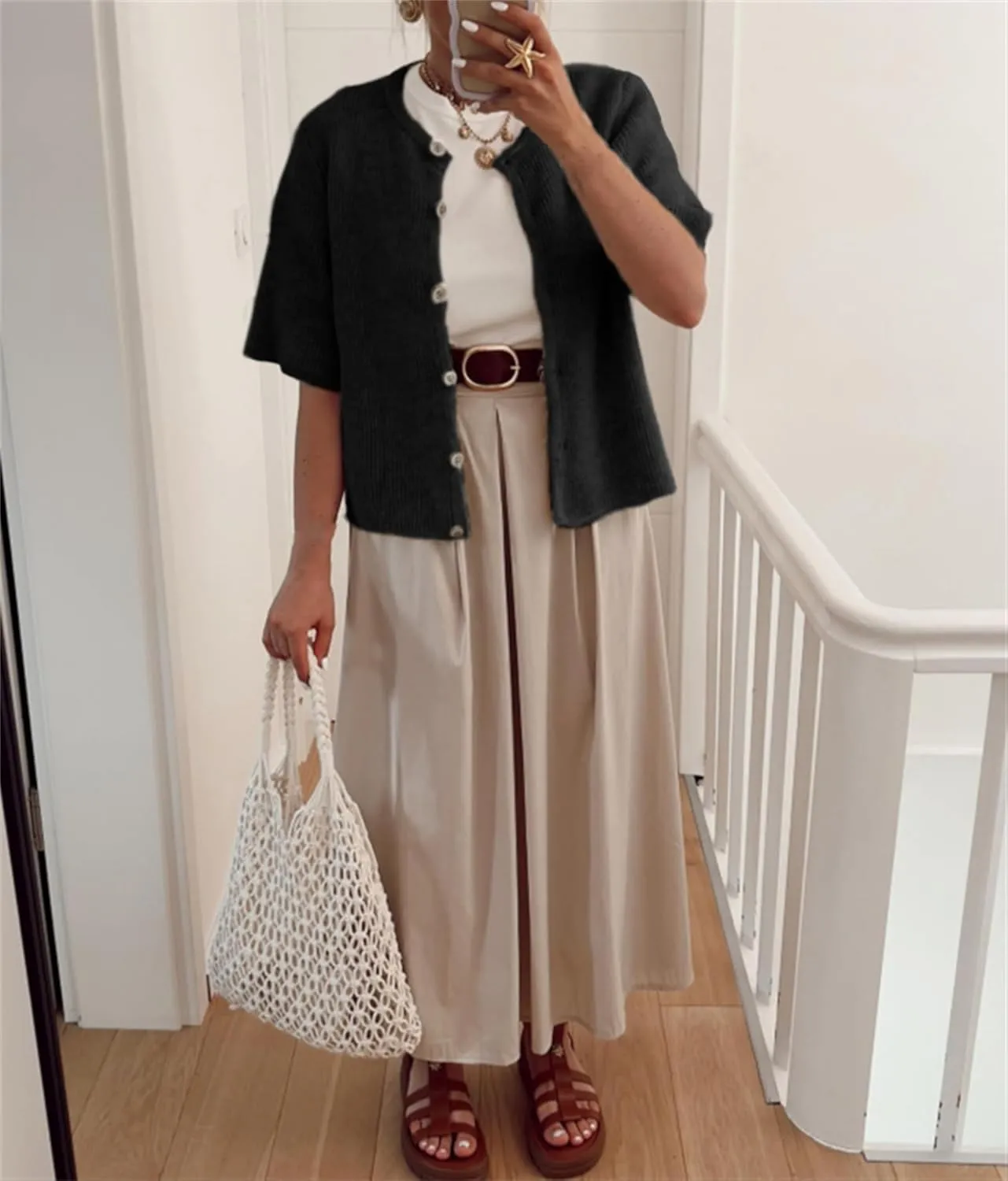 Women Short Sleeve Sweater Cropped Cardigan Button Front Knit Chunky Vest Trendy Y2k Preppy Girl Knitted Top Shirt