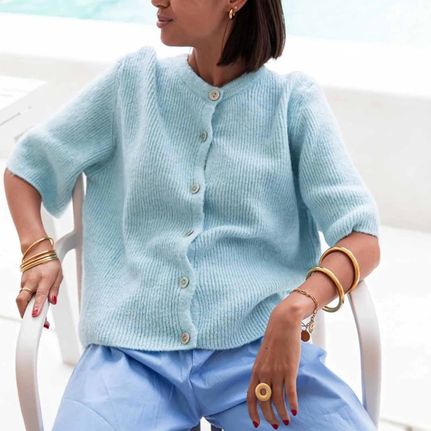 Women Short Sleeve Sweater Cropped Cardigan Button Front Knit Chunky Vest Trendy Y2k Preppy Girl Knitted Top Shirt
