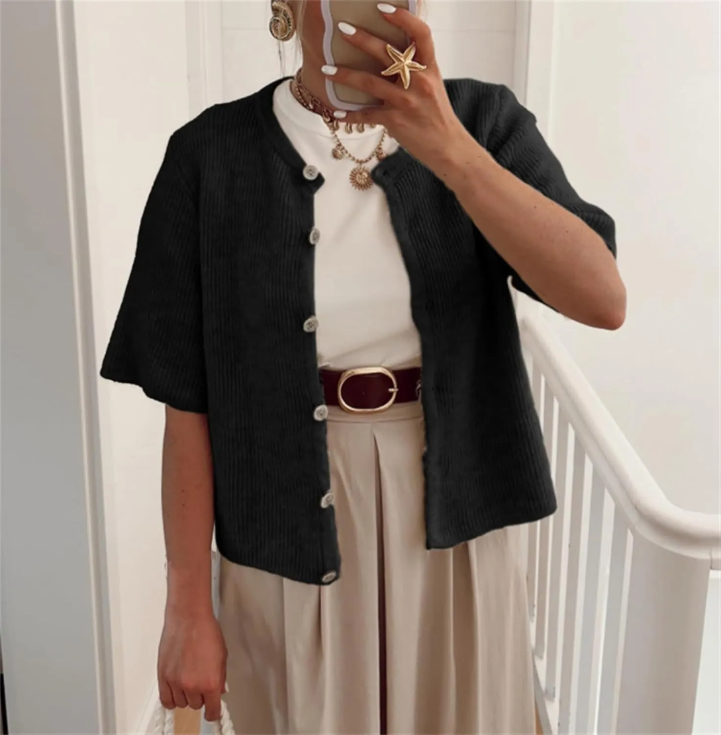 Women Short Sleeve Sweater Cropped Cardigan Button Front Knit Chunky Vest Trendy Y2k Preppy Girl Knitted Top Shirt