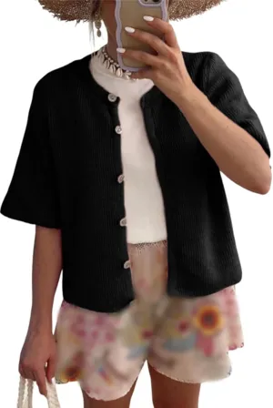 Women Short Sleeve Sweater Cropped Cardigan Button Front Knit Chunky Vest Trendy Y2k Preppy Girl Knitted Top Shirt