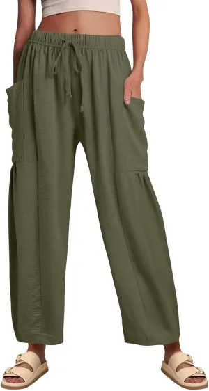 Women Summer Beach Vacation Pants Wide Leg High Waisted Drawstring Pants Casual Boho Loose Trendy Palazzo Clothes