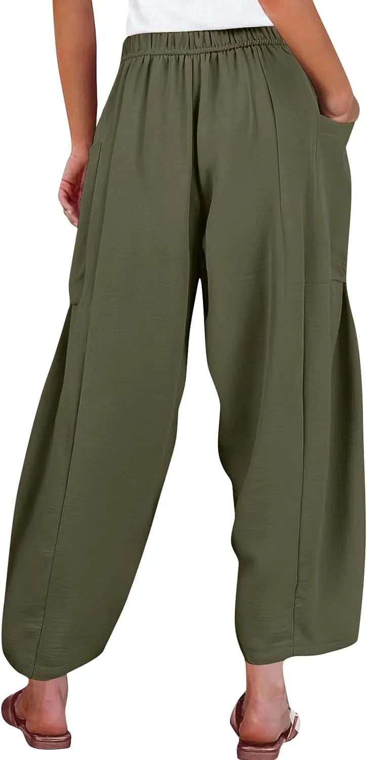 Women Summer Beach Vacation Pants Wide Leg High Waisted Drawstring Pants Casual Boho Loose Trendy Palazzo Clothes