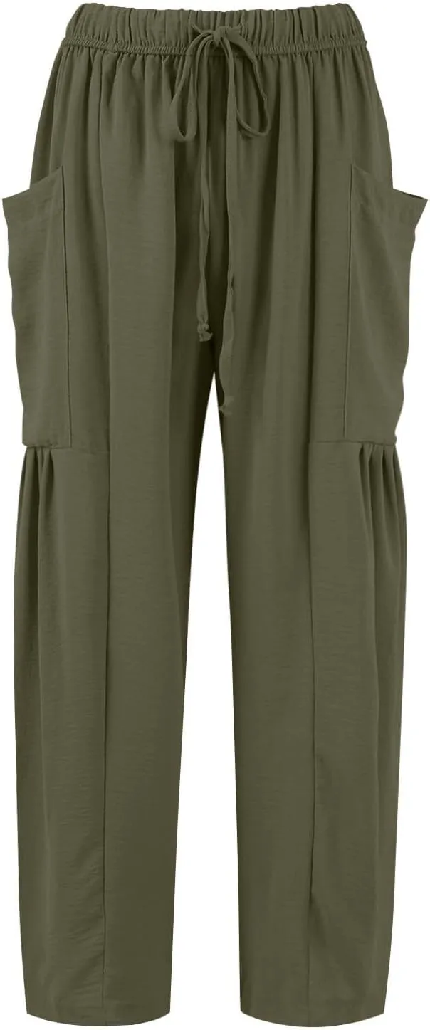 Women Summer Beach Vacation Pants Wide Leg High Waisted Drawstring Pants Casual Boho Loose Trendy Palazzo Clothes