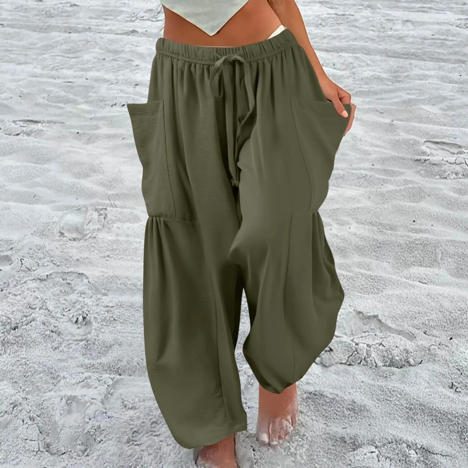 Women Summer Beach Vacation Pants Wide Leg High Waisted Drawstring Pants Casual Boho Loose Trendy Palazzo Clothes