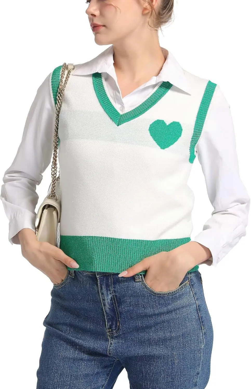 Women Sweater Vest Top for Girl Sleeveless V Neck Short Pullover Tank Color Block Striped Classical Cable Knit