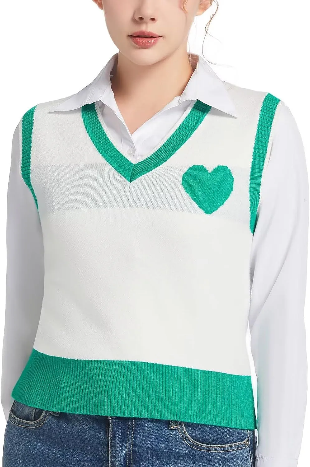 Women Sweater Vest Top for Girl Sleeveless V Neck Short Pullover Tank Color Block Striped Classical Cable Knit