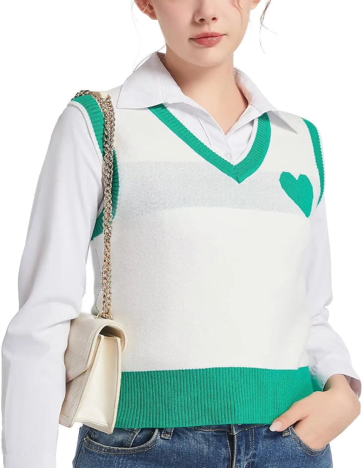 Women Sweater Vest Top for Girl Sleeveless V Neck Short Pullover Tank Color Block Striped Classical Cable Knit