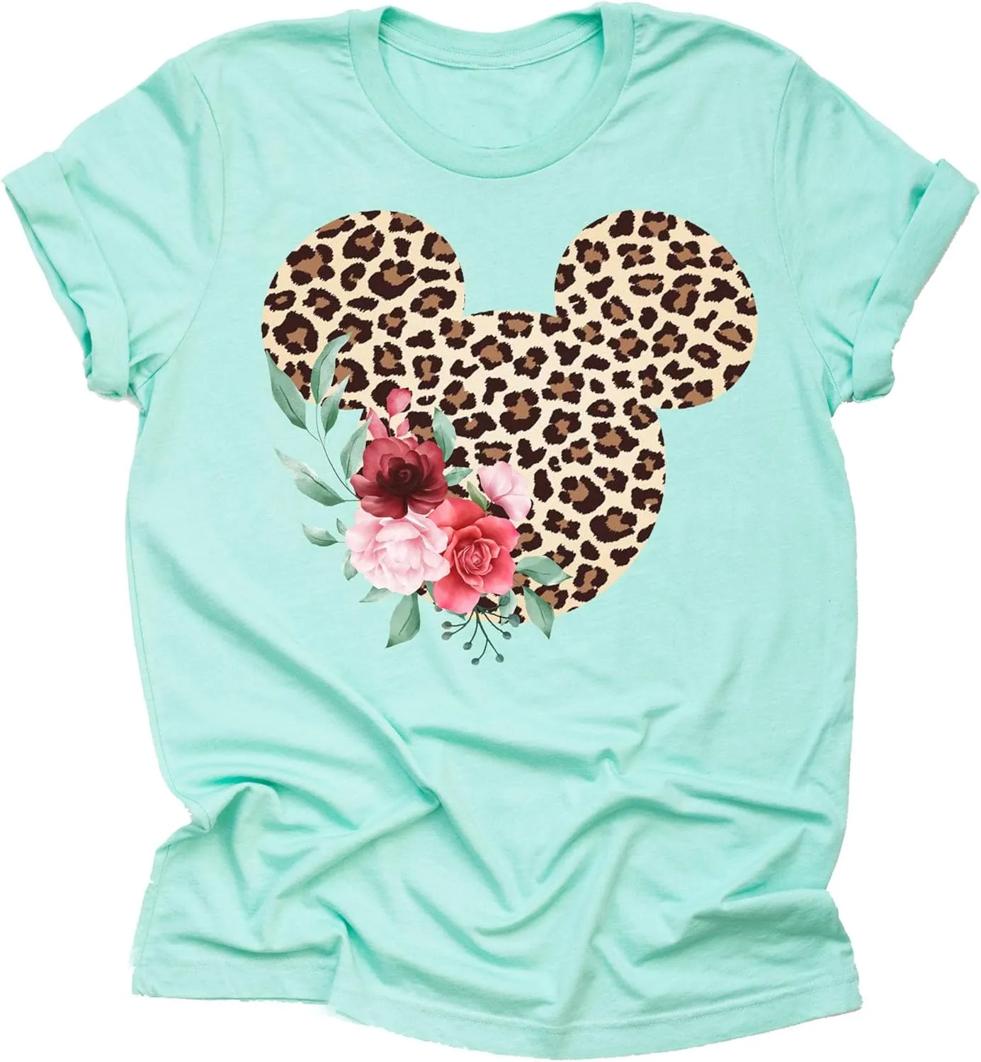 Women Teen Leopard Print Mickey Ears with Flowers Shirt Floral Adult Women Ladies Boho Character Tshirt