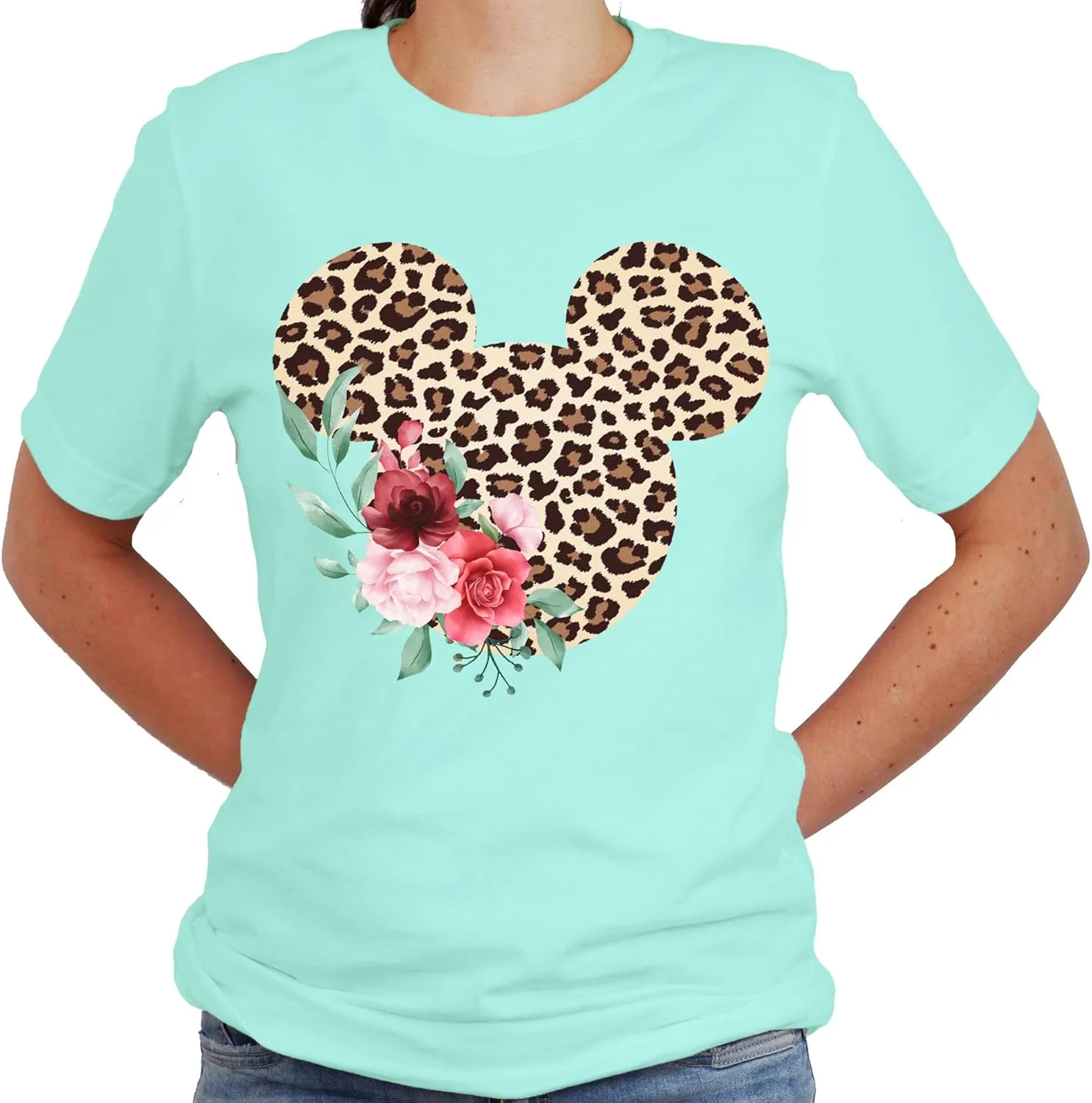 Women Teen Leopard Print Mickey Ears with Flowers Shirt Floral Adult Women Ladies Boho Character Tshirt