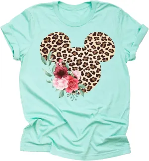 Women Teen Leopard Print Mickey Ears with Flowers Shirt Floral Adult Women Ladies Boho Character Tshirt
