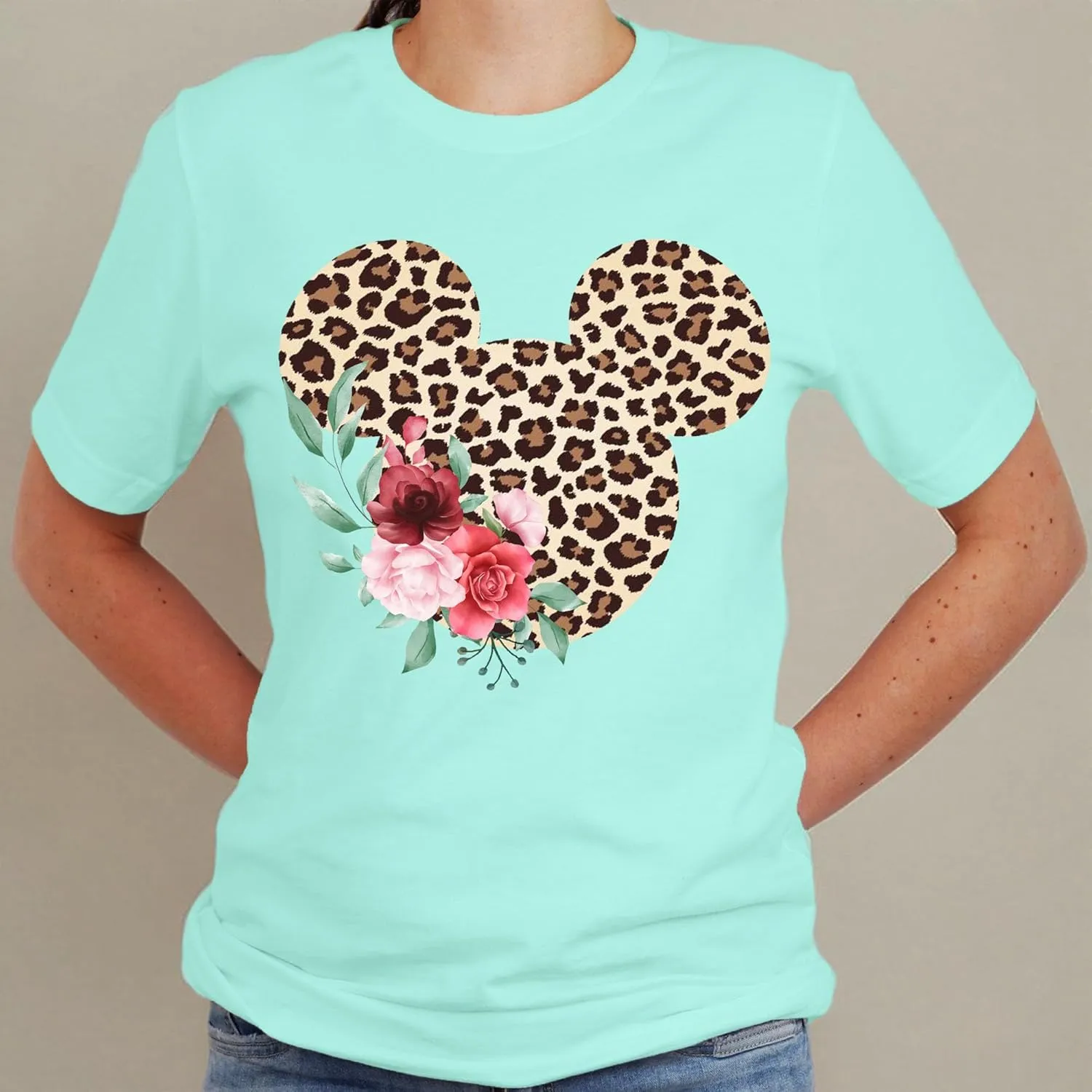 Women Teen Leopard Print Mickey Ears with Flowers Shirt Floral Adult Women Ladies Boho Character Tshirt