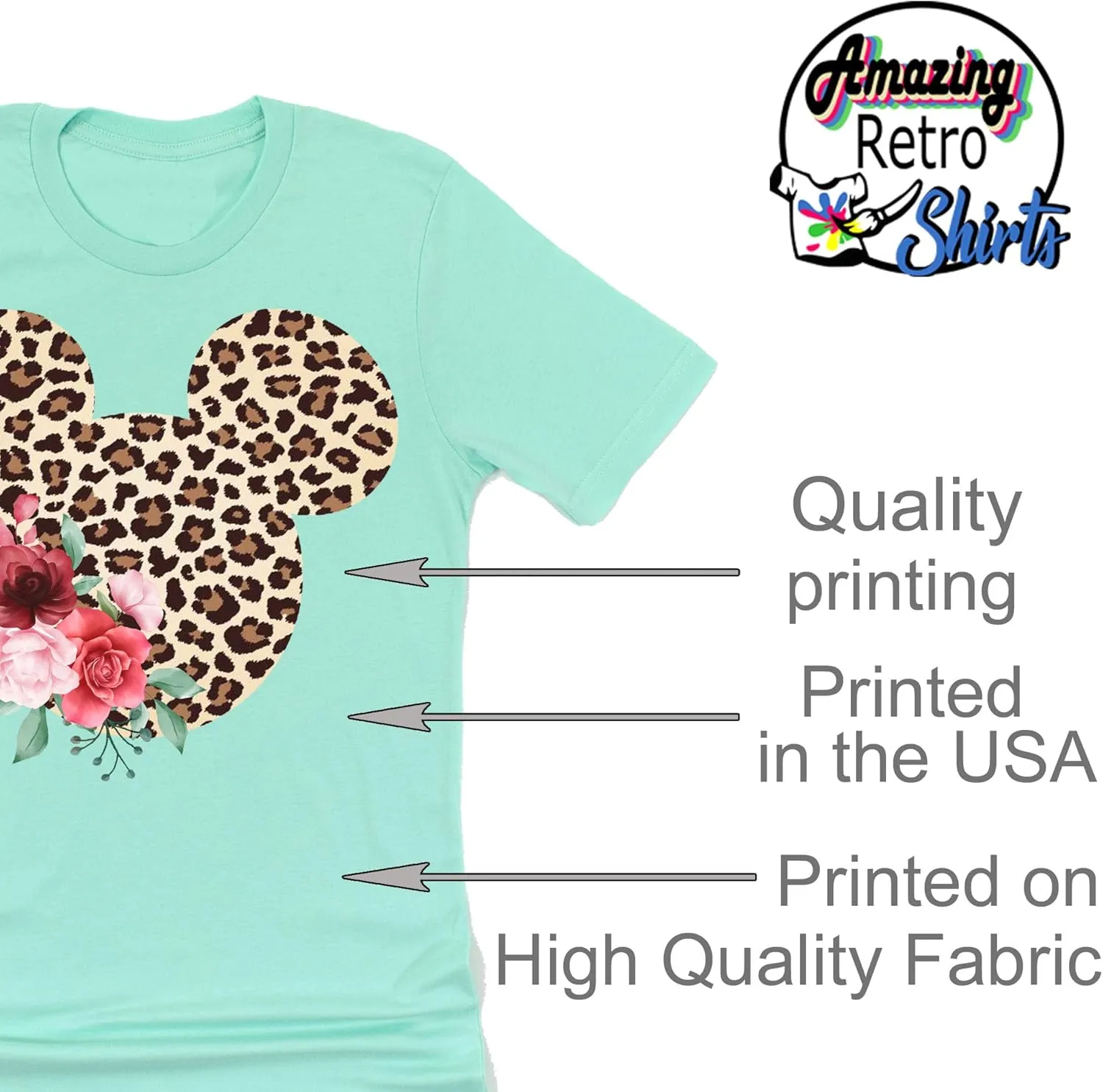Women Teen Leopard Print Mickey Ears with Flowers Shirt Floral Adult Women Ladies Boho Character Tshirt