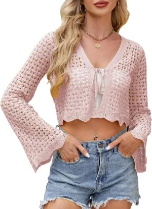 Women Tie Front Cropped Cardigan Crochet Bolero Shrug Sweater Bell Sleeve Knit Crop Top