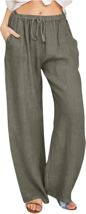 Women Trendy Linen Pants 2024 Wide Leg Causal Pants Flowy Palazzo Pants Boho Summer Vacation Outfits with Pockets