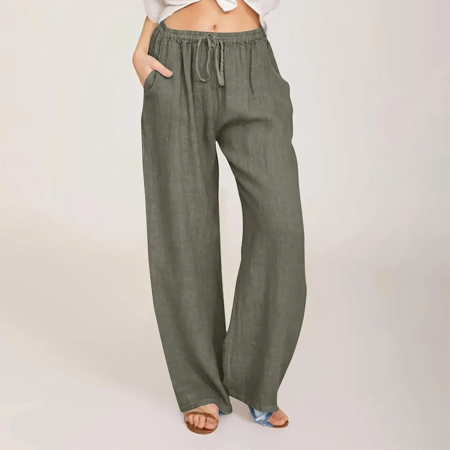 Women Trendy Linen Pants 2024 Wide Leg Causal Pants Flowy Palazzo Pants Boho Summer Vacation Outfits with Pockets