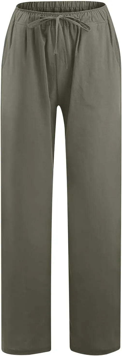 Women Trendy Linen Pants 2024 Wide Leg Causal Pants Flowy Palazzo Pants Boho Summer Vacation Outfits with Pockets