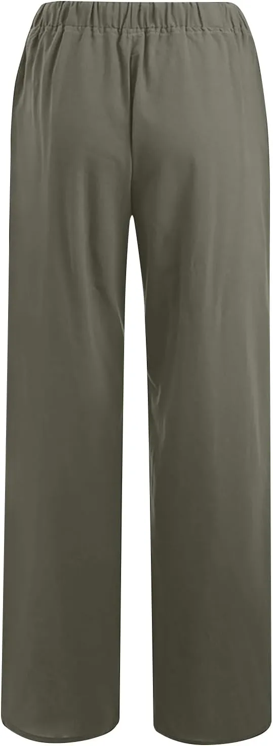 Women Trendy Linen Pants 2024 Wide Leg Causal Pants Flowy Palazzo Pants Boho Summer Vacation Outfits with Pockets