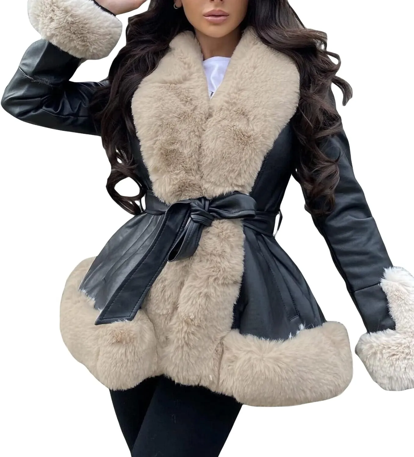 Women Warm Leather Jacket with Trim Feather Fashion Y2K Open Front Plush Collar Warm Cardigan with Belt