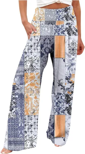 Women Wide Leg Linen Pants Boho Beach Print High Waisted Summer Casual Cotton Linen Pant Palazzo Trouser with Pockets