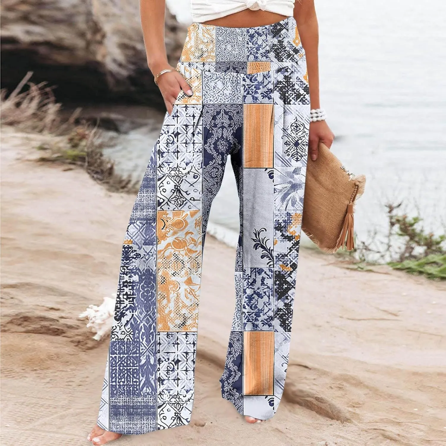 Women Wide Leg Linen Pants Boho Beach Print High Waisted Summer Casual Cotton Linen Pant Palazzo Trouser with Pockets