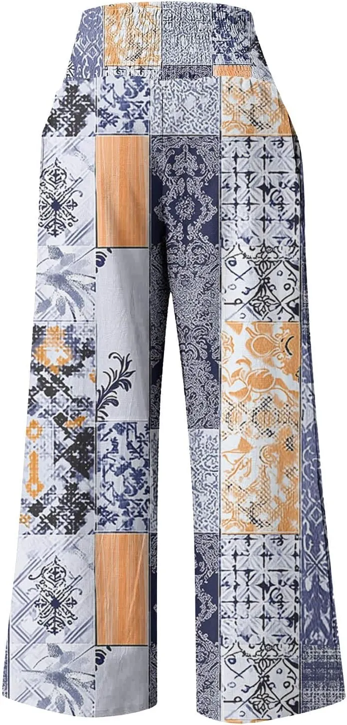 Women Wide Leg Linen Pants Boho Beach Print High Waisted Summer Casual Cotton Linen Pant Palazzo Trouser with Pockets