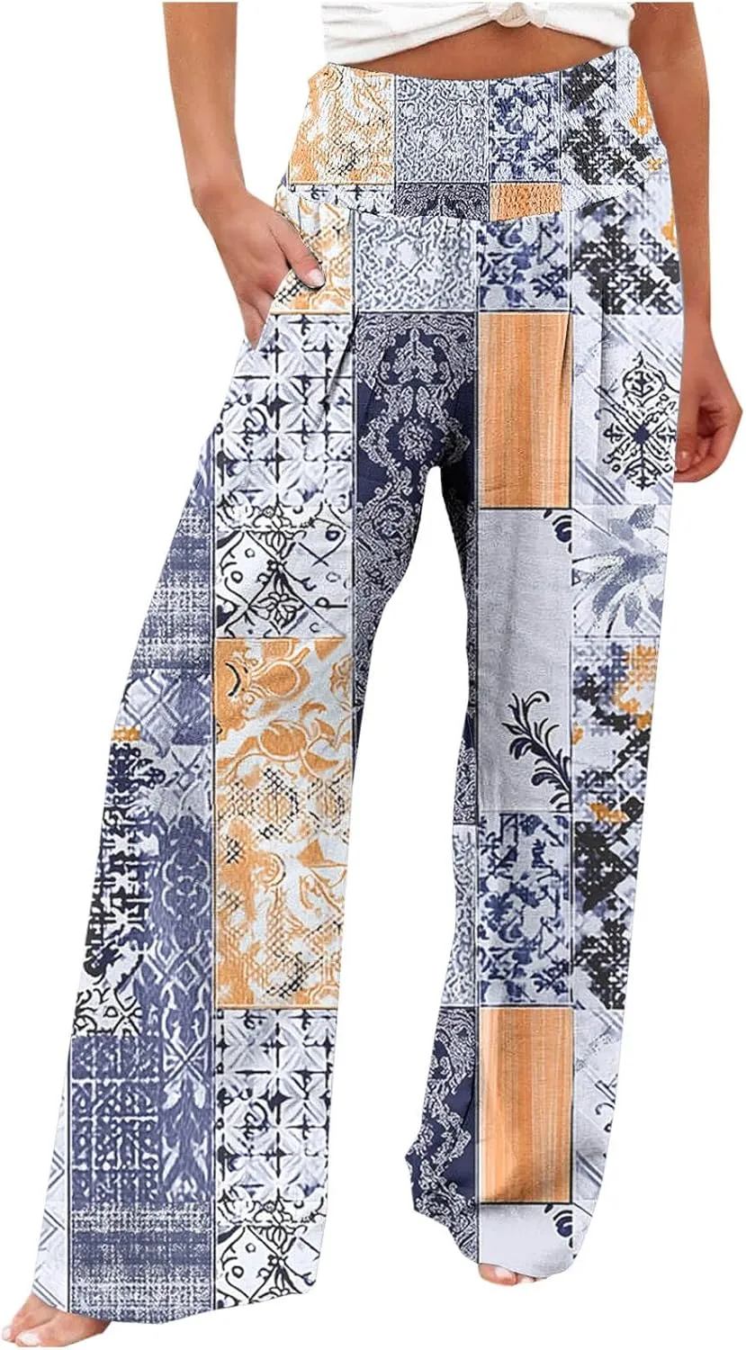 Women Wide Leg Linen Pants Boho Beach Print High Waisted Summer Casual Cotton Linen Pant Palazzo Trouser with Pockets