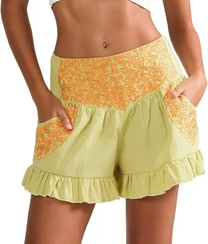 Women Y2k Ruffled Hem Shorts Vintage Textured Embroidery High Rise Wide Leg Short Casual Beachy Skorts with Pockets