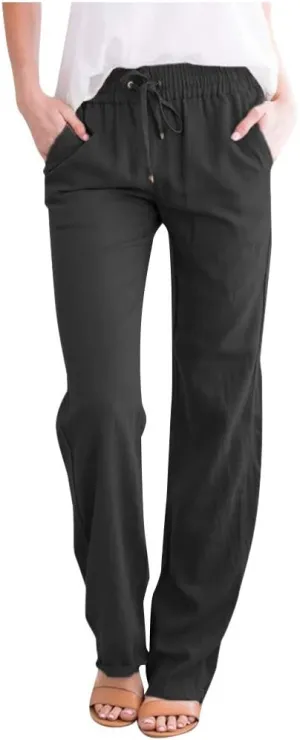 Womens 2025 Casual Linen High Waist Pants Drawstring Loose Fit Summer Pants Beach Straight Leg Trousers with Pockets