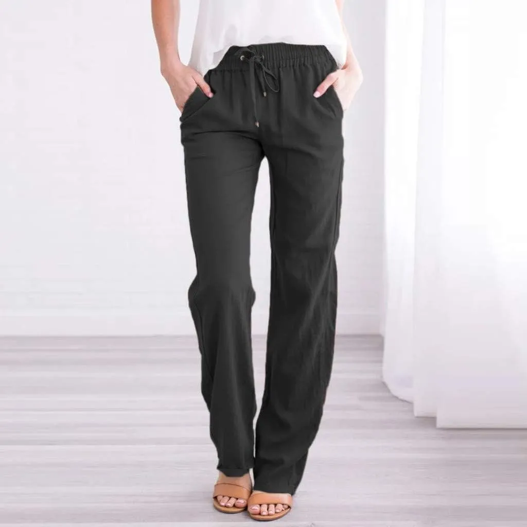 Womens 2025 Casual Linen High Waist Pants Drawstring Loose Fit Summer Pants Beach Straight Leg Trousers with Pockets