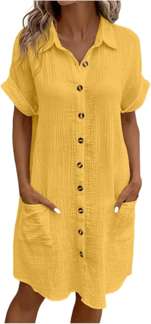 Womens Button Down Shirt Dress Summer Cotton Linen V-Neck Mini Dress Casual Short Sleeve Loose Tunic Dresses