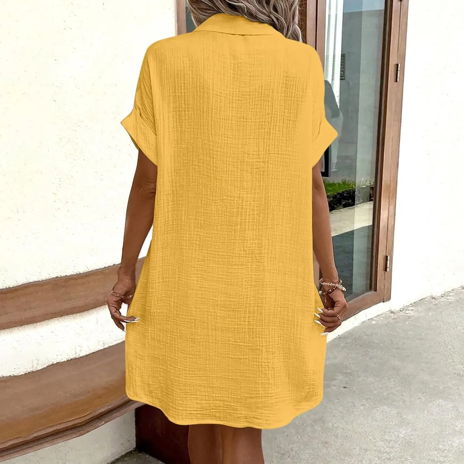 Womens Button Down Shirt Dress Summer Cotton Linen V-Neck Mini Dress Casual Short Sleeve Loose Tunic Dresses