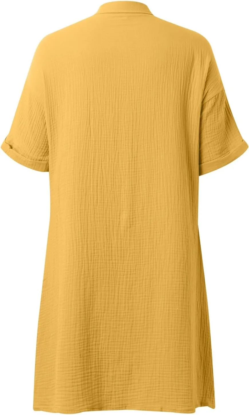 Womens Button Down Shirt Dress Summer Cotton Linen V-Neck Mini Dress Casual Short Sleeve Loose Tunic Dresses
