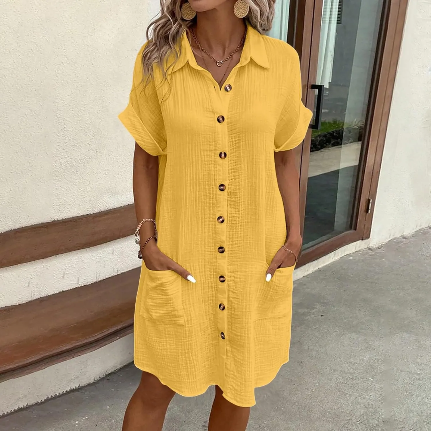 Womens Button Down Shirt Dress Summer Cotton Linen V-Neck Mini Dress Casual Short Sleeve Loose Tunic Dresses