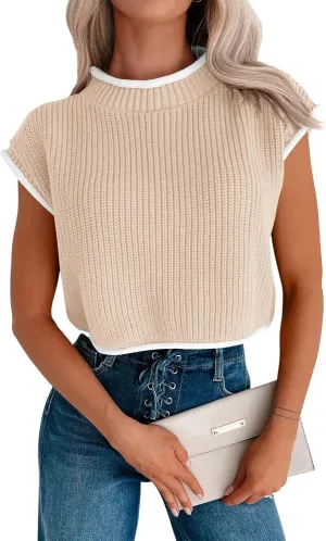 Womens Cap Sleeve Crop Tops Summer High Neck Contrast Color Sweater Vest Ribbed Knit Sleeveless Tank Top