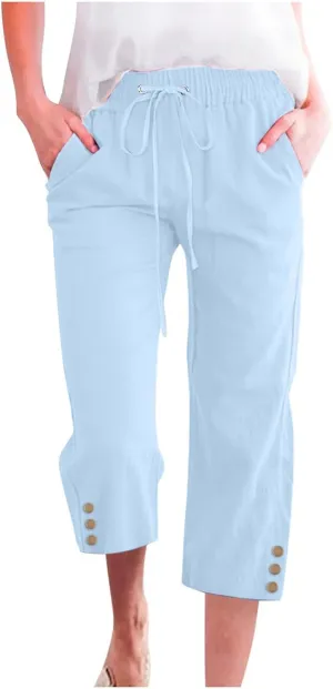 Womens Capri Pants Summer Trendy Casual Cropped Trouser with Pockets Elastic Waist Straight Wide Leg with Buttons