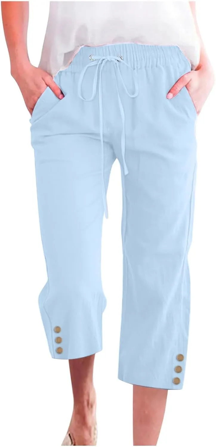 Womens Capri Pants Summer Trendy Casual Cropped Trouser with Pockets Elastic Waist Straight Wide Leg with Buttons