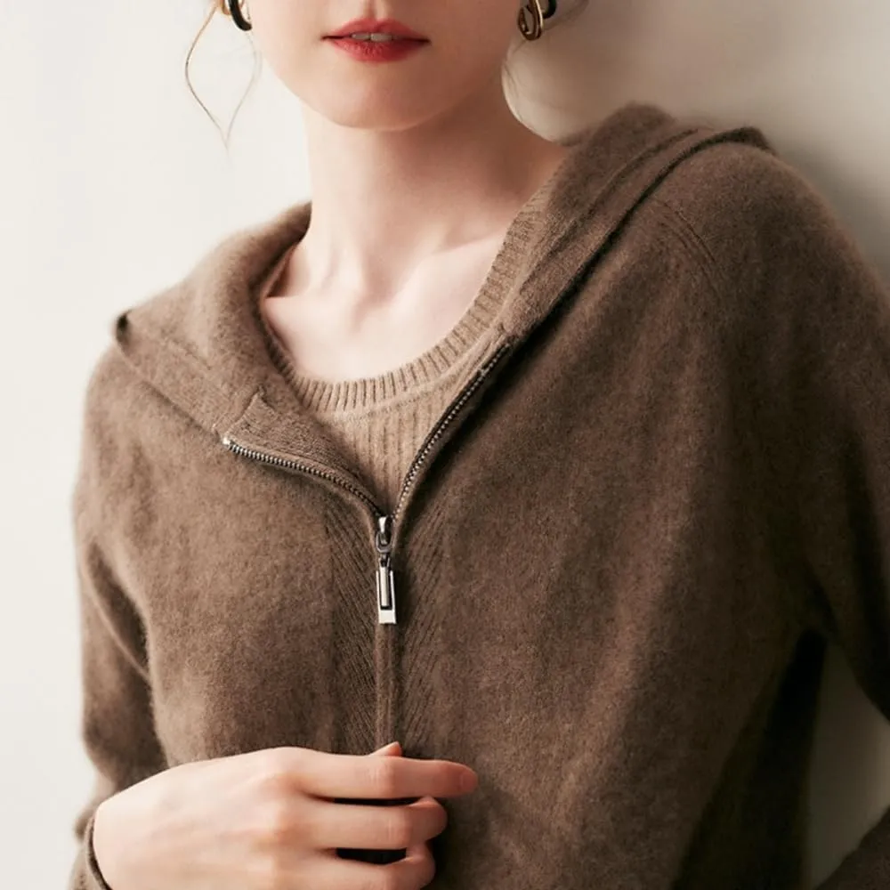 Women's Cashmere Lightweight Long Sleeves Zip-Up Hoodie Sweater