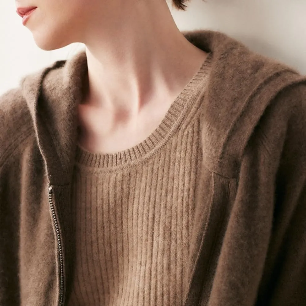 Women's Cashmere Lightweight Long Sleeves Zip-Up Hoodie Sweater