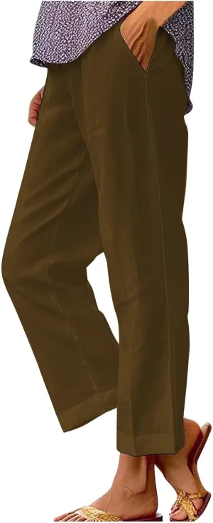 Women's Casual Boho Cotton Linen Pants Elastic Waisted Drawstring Straight Leg Summer Beach Baggy Capri with Pockets