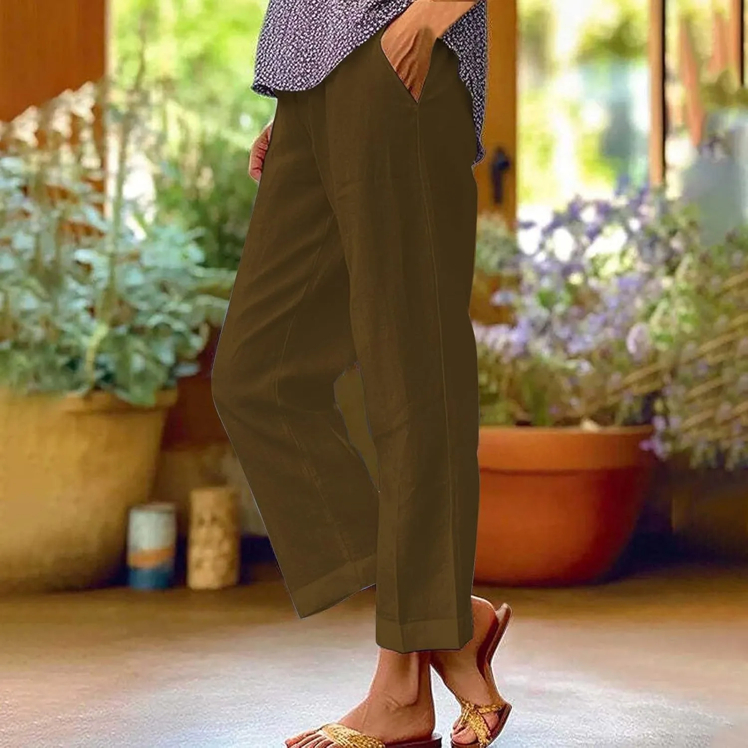 Women's Casual Boho Cotton Linen Pants Elastic Waisted Drawstring Straight Leg Summer Beach Baggy Capri with Pockets
